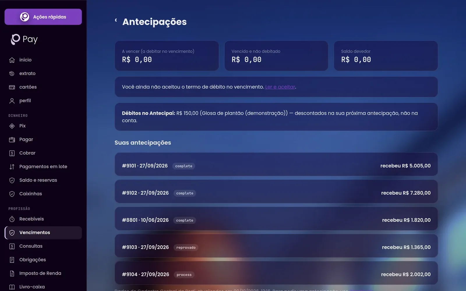 Histórico de antecipações no computador
